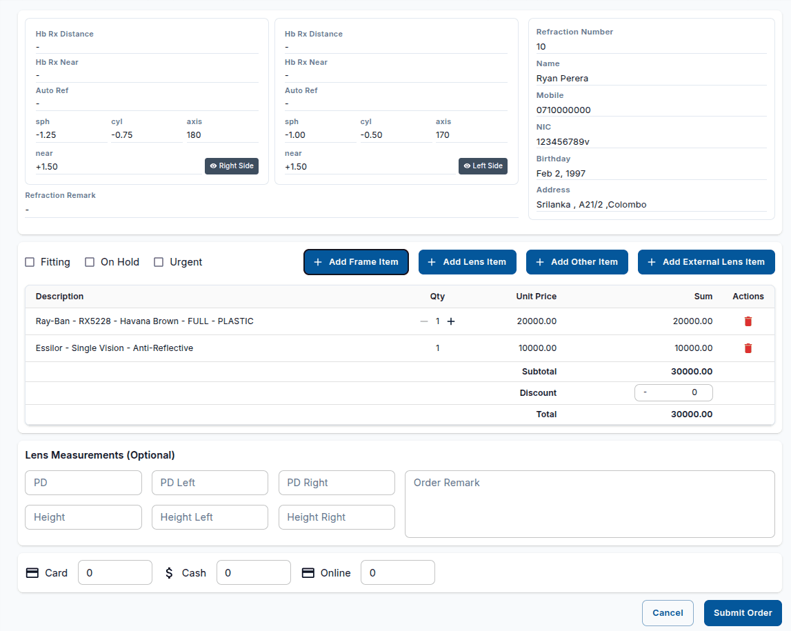 Factory order form showing patient refraction, frame and lens items, lens measurements and payment fields